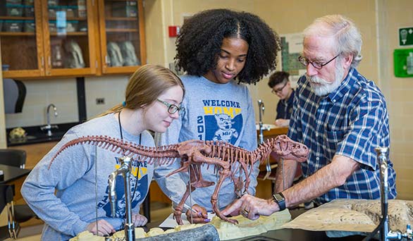 professor and students study dinosaur skeleton