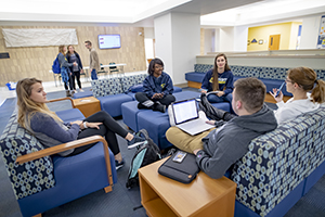 group of prospective students sitting in lobby