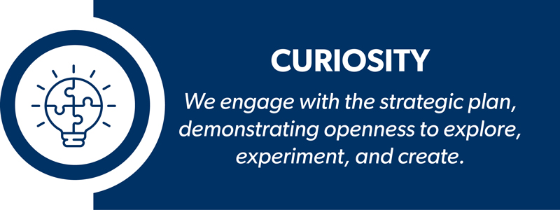 Curiosity, engaging with the strategic plan, demonstrating an openness to explore, experiment, and create.