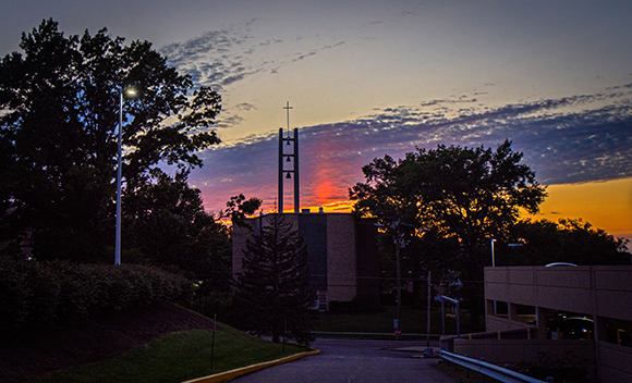 Sunset behind Mount St. Joseph University Mater Dei Chapel