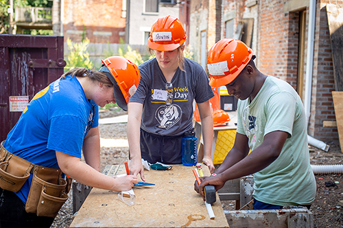 mission ambassadors cutting wood with saw