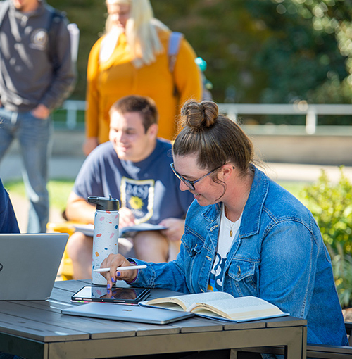 students sitting in quad on laptops